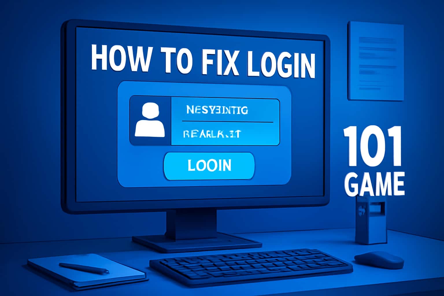 An informational scene showcasing troubleshooting tips for logging into the 101 Game.
